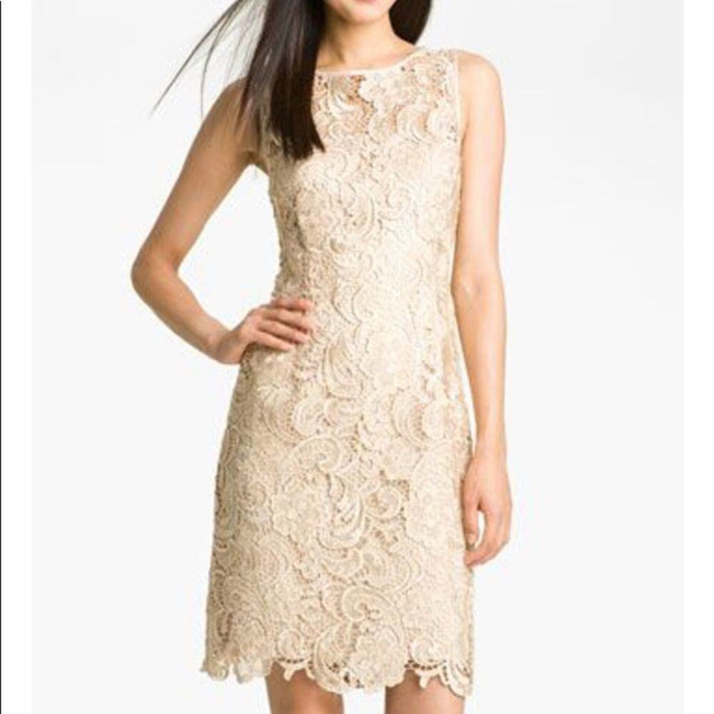 Adrianna Papell Tan/nude lace overlay sheath dress size 2 petite